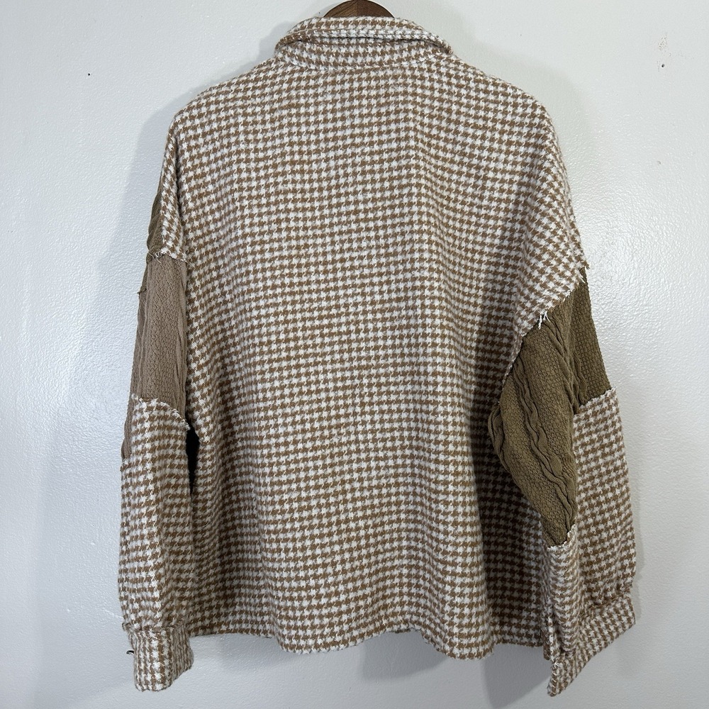 POL Women's M Houndstooth Panel Shacket Mocha Multi Oversized Button Bohemian - Picture 3 of 7